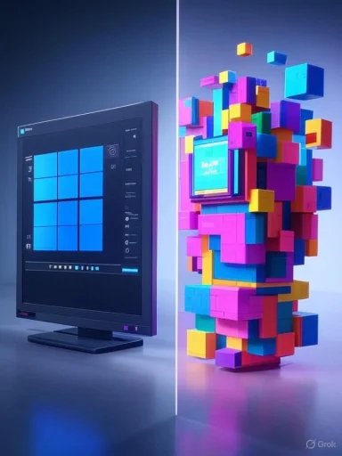 Split-screen: left shows a monitor with blue tile UI, right a vibrant tower of colorful blocks.