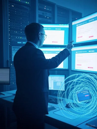 A suited man in a data center reviews data on multiple monitors. A suited man in a data center reviews data on multiple monitors.