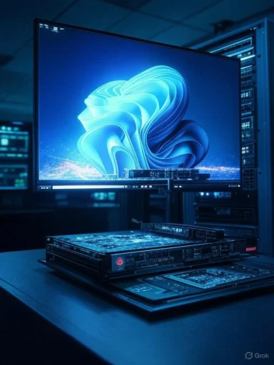 A blue-lit data center scene with a monitor atop a server displaying a swirl of blue graphics.