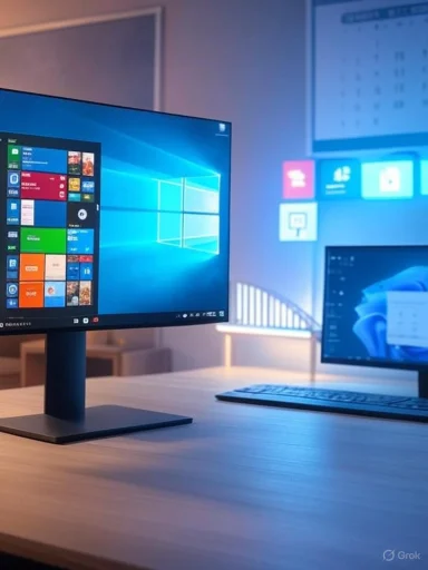 Dual-monitor workstation with Windows on the left screen and blue ambient lighting.