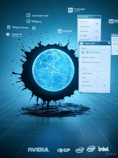A glowing blue globe rises from a black ink splash, with floating UI panels and tech logos.