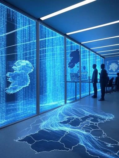 Futuristic data center with blue holographic screens and flowing digital lines across a map.