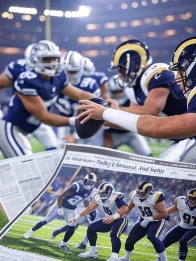 Football players in blue uniforms line up for a play as a newspaper rests in the foreground.