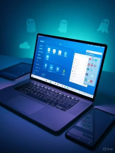 A laptop and smartphone glow under blue ambient light with apps open on the screen.