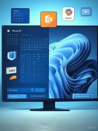 A computer monitor shows a futuristic blue desktop with floating app icons above a Windows-like interface.
