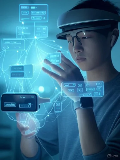 Person wearing an AR headset and glasses interacts with floating holographic UI panels.