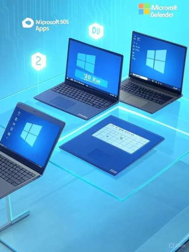 A blue, futuristic setup featuring several Windows laptops and a tablet on a glass table.