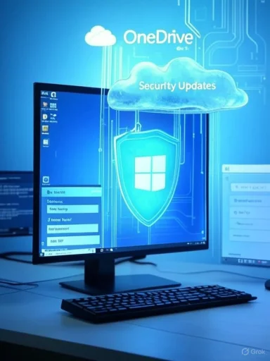 A computer screen displays Windows desktop with a blue OneDrive cloud and security shield.