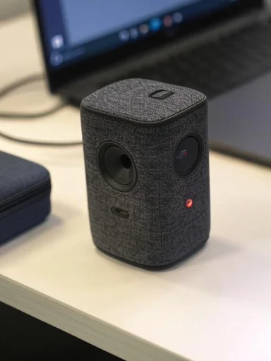 A fabric-wrapped portable speaker with dual drivers on a desk beside a laptop.