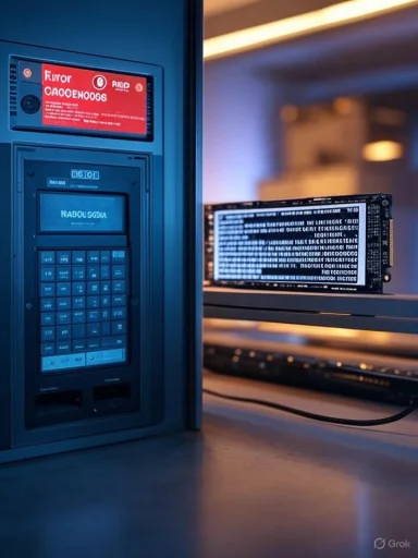 Blue-lit vintage computer terminal with a keypad and a glowing circuit-board display.