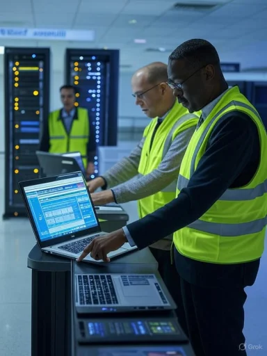 Technicians in safety vests work on laptops in a data center with server racks.