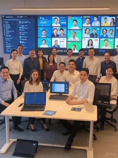 A team of professionals posing in a modern office beside a wall of large screens.