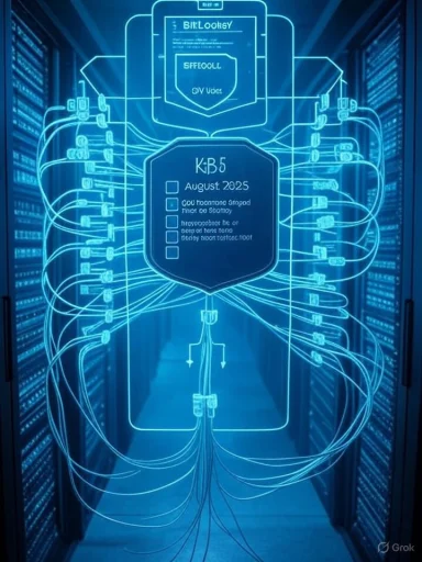 A neon holographic humanoid figure formed by network cables in a server room.