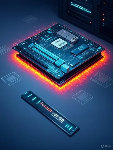 A futuristic motherboard glows with an orange halo on a red-hot base, with a slim digital panel nearby.