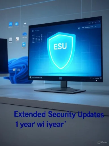 Monitor displays a glowing blue ESU shield on a security-themed screen.
