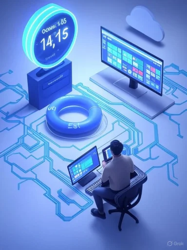 A person at a futuristic control desk with blue holographic devices, cloud icon, and multiple screens.