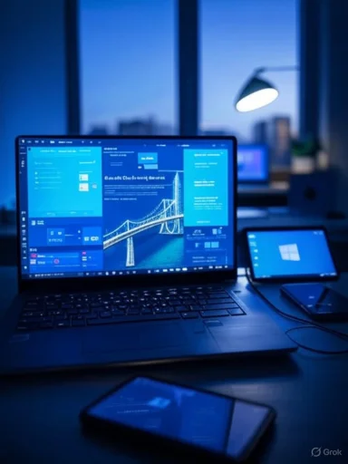 A laptop shows blue dashboards on screen in a dim, modern workspace with a tablet and phone nearby.