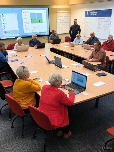 Older adults participate in a computer training session around a large conference table.