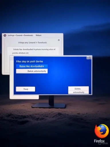 A computer monitor on a sandy beach displays overlapping blue Windows-style dialogs with a Firefox logo.