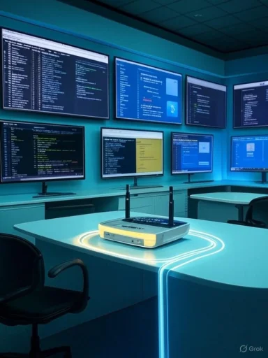 A futuristic control room with multiple screens showing code and a glowing router on a curved desk.