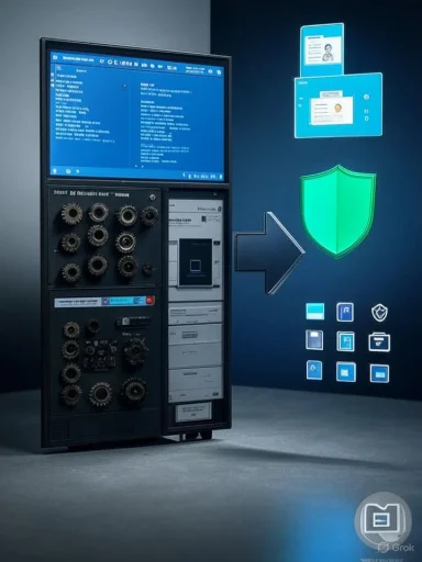 A vintage mainframe server rack with a blue display beside a glowing shield icon.
