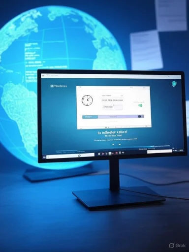 A monitor on a desk shows a software window, set against a glowing blue globe.