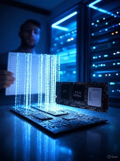 A tech worker examines a motherboard as blue data streams glow in a server room.