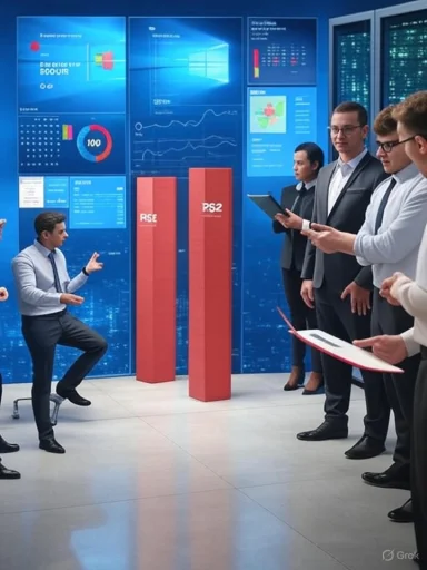 A business team presents data on tall red bar charts in a high-tech briefing room.