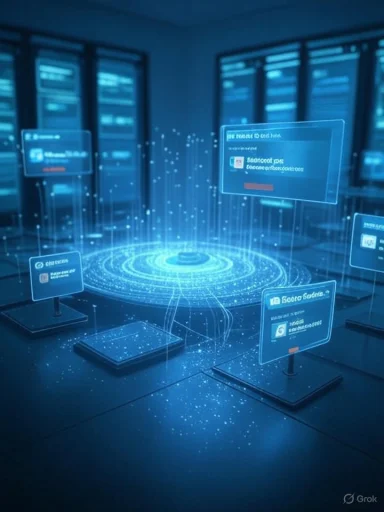 A futuristic data center with holographic screens circling a glowing central hub.