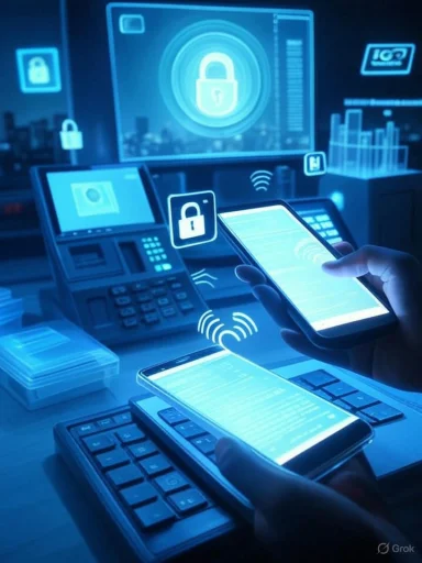 Blue-tinted cybersecurity scene with smartphones, payment terminals and floating lock icons.