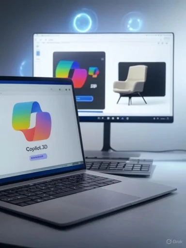A laptop and external monitor display a 3D design app with a colorful logo and chair model. A laptop and external monitor display a 3D design app with a colorful logo and chair model.