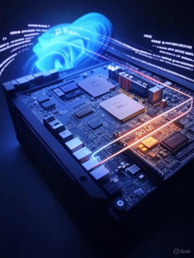 A close-up of a circuit board illuminated by glowing blue holographic data streams.
