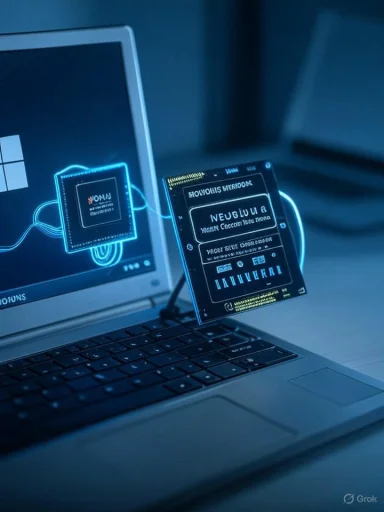 Blue neon holographic data cards hover above a laptop screen.