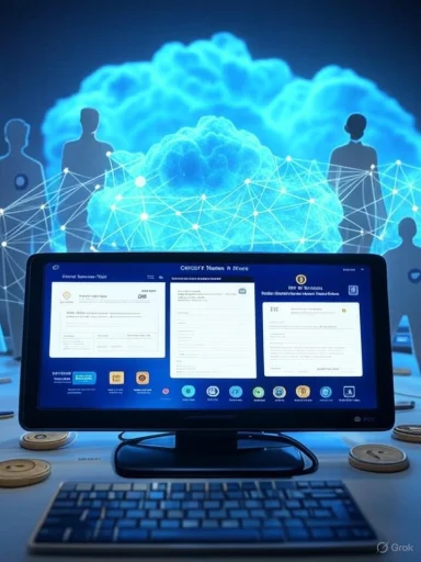 A computer monitor on a desk displays dashboards as a glowing blue neural-cloud network looms in the background.
