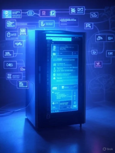 A blue-lit data server rack with holographic network diagrams projected on the wall.
