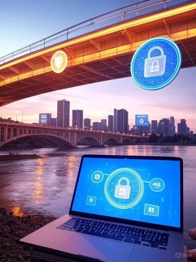 A laptop displays digital security graphics beside a river under a lit bridge at sunset.