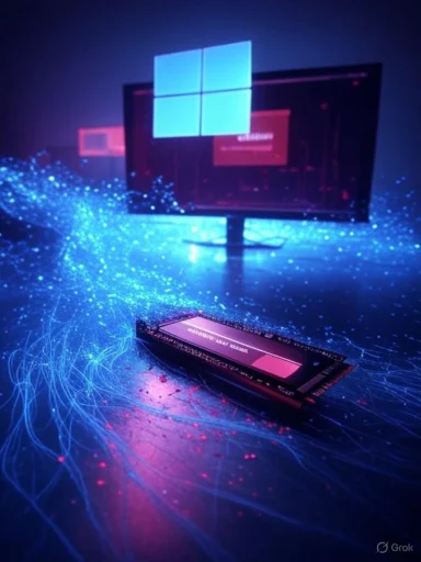Neon blue tech scene with a Windows desktop on a monitor and a glowing RAM module in the foreground.