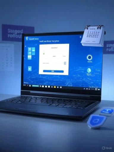 Laptop with a blue login screen, a calendar clip on top, and a security dongle on the desk.