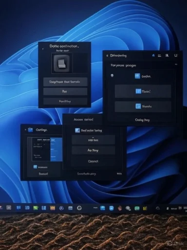 Windows desktop with several dark settings panels floating over a blue abstract wallpaper.