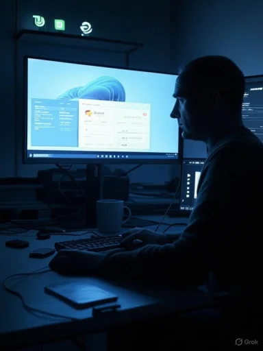 A person sits at a desk in a blue-lit room, working on a computer monitor.