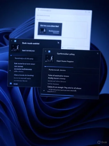 Dark-mode Windows desktop with two floating windows showing unreadable text over a blue swirling wallpaper.