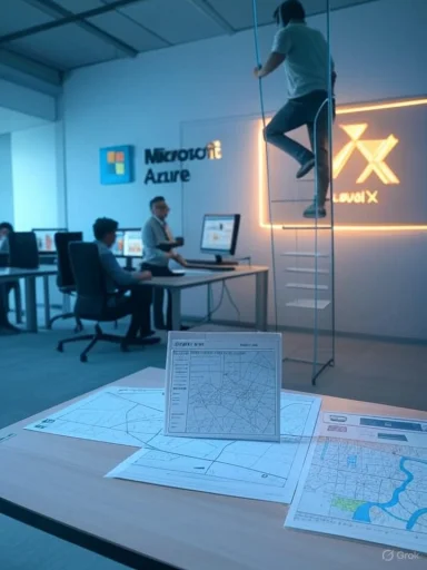 A modern Microsoft Azure office with staff at computers while a climber ascends a rope.