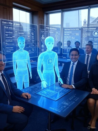 Executives sit around a futuristic blue holographic display with glowing humanoid figures.