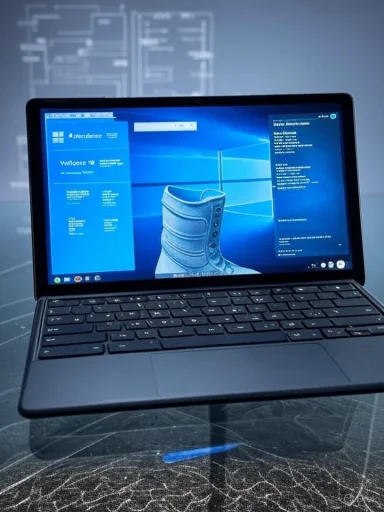 A slim laptop shows a Windows desktop with a blue boot image on the screen.