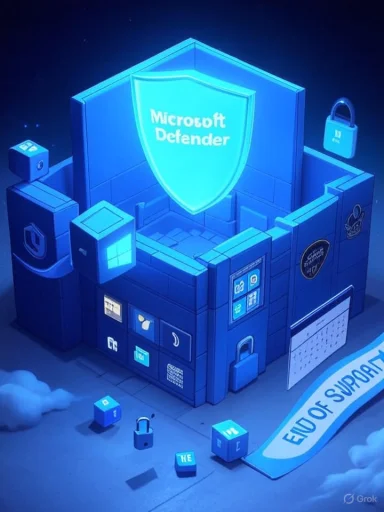 Blue isometric fortress with a glowing Microsoft Defender shield and an End of Support banner.