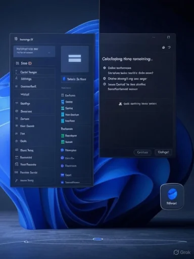 Two dark UI windows hover over a blue Windows-like desktop background.