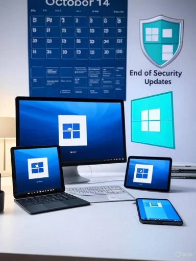 Multiple devices display Windows logos as a poster proclaims the End of Security Updates.