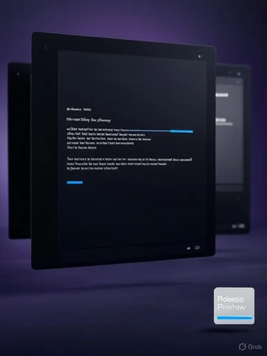 A tablet displays a software update progress bar on a dark purple background.