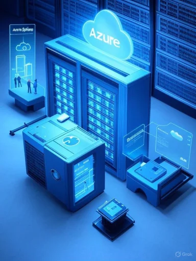 A futuristic data center scene featuring a glowing Azure cloud logo and blue holographic displays.