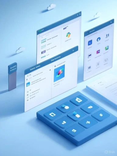 Futuristic blue UI with multiple floating screens and a large blue keypad.